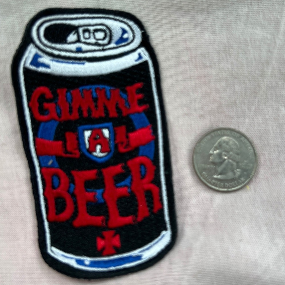 Goblinko GIMME A BEER PATCH CAN BN Game Fantasy Vest Jacket Sean Aaberg Red Blue